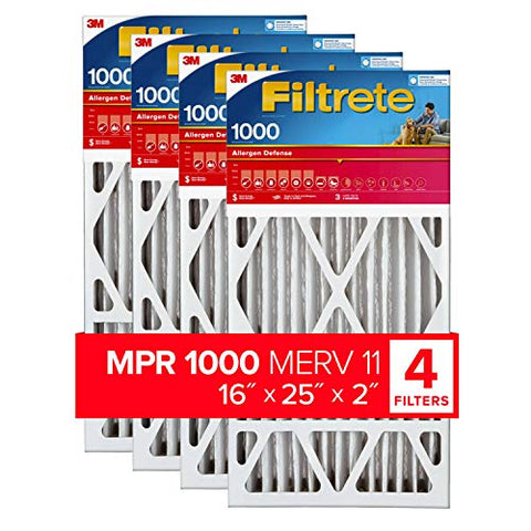 Filtrete 16x25x2 Air Filter MPR 1000 MERV 11, Allergen Defense, 4 Pack (exact dimensions 15.5x24.5x1.75)