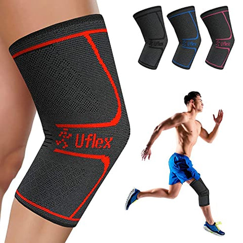 UFlex Knee Compression Sleeve Support for Women and Men - Non Slip Knee Brace for Pain Relief, Fitness, Weightlifting, Hiking, Sports - Red, Medium