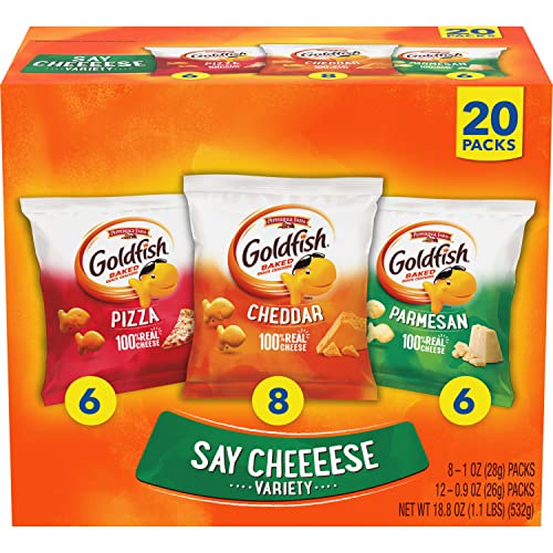 Goldfish Crackers Say Cheeeese Variety Pack with Cheddar, Pizza and Parmesan, Snack Packs, 20 Ct