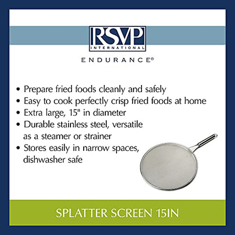 RSVP International Endurance Kitchen Collection Splatter Screen, Dishwasher Safe, 15" Diameter, Stainless Steel