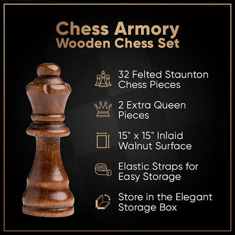 Chess Sets by Chess Armory - 15 Inch Wooden Chess Set Board Game for Adults and Kids with Extra Queen Pieces