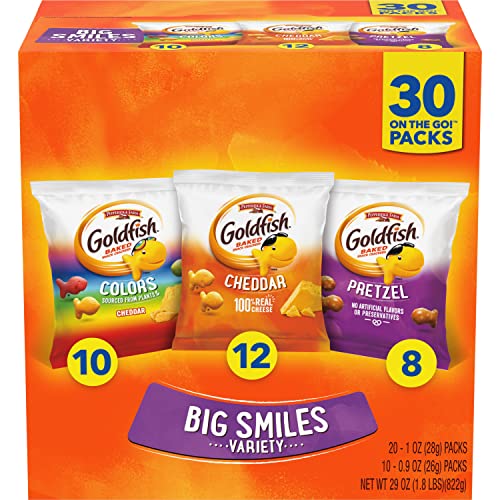 Goldfish Crackers Big Smiles Variety Pack with Cheddar, Colors, and Pretzels, Snack Packs, 30 Ct
