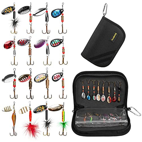 PLUSINNO 16pcs Fishing Lure Spinnerbait Kit with Portable Carry Bag,Bass Trout Salmon Hard Metal Spinner Baitsâ€‚Kit