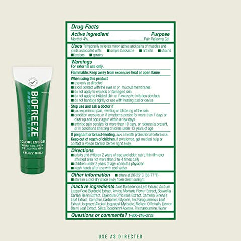 Biofreeze Menthol Pain Relieving Gel Colorless Gel 4 FL OZ Tube For Pain Relief Associated With Sore Muscles, Arthritis, Simple Backaches, And Joint Pain (Packaging May Vary)