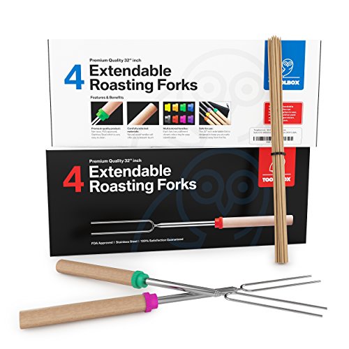 TooglBox - 4 Piece 32 Inch Marshmallow Roasting Stick - Telescoping Stainless Steel Cookware Set-Forks for Smores & Hot Dogs - Bonus 20 Bamboo skewers, Bag (4)