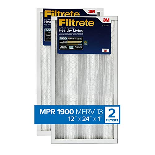 Filtrete 12x24x1 Furnace Air Filter MPR 1900 MERV 13, Healthy Living Ultimate Allergen, 2-Pack (exact dimensions 11.69 x 23.69 x 0.78)