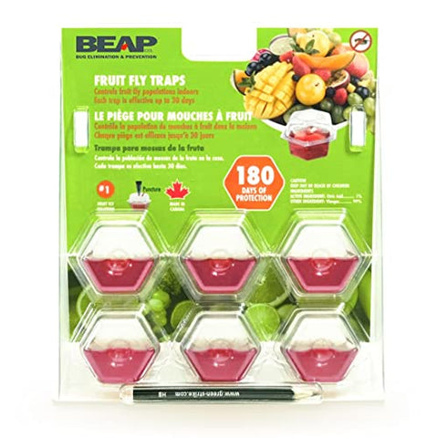BEAPCO 10036 Red 6-Pack Premium Fruit Fly 6 Pre-Filled Trap Flies Indoors | Easy Effective and Safe to Use | Food-Based Lure/Bait Catcher