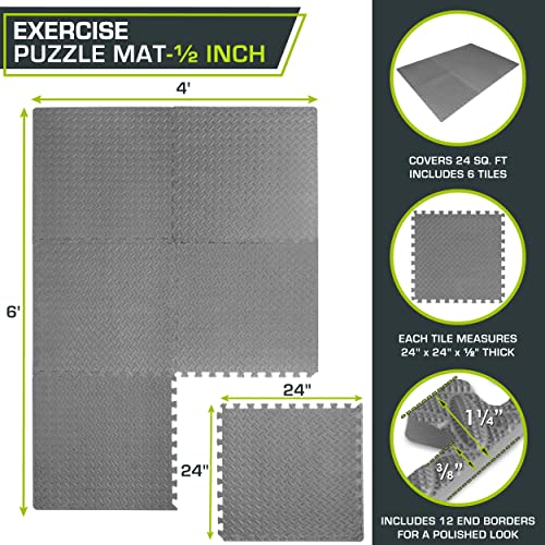 ProsourceFit Exercise Puzzle Mat ½ inch, 24 SQ FT, 6 Tiles, EVA Foam Interlocking Tiles Protective and Cushion Flooring for Gym Equipment, Exercise and Play Area, Grey