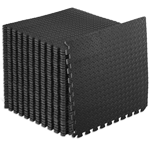 ProsourceFit Exercise Puzzle Mat ½ inch, 144 SQ FT, 36 Tiles, EVA Foam Interlocking Tiles Protective and Cushion Flooring for Gym Equipment, Exercise and Play Area, Black