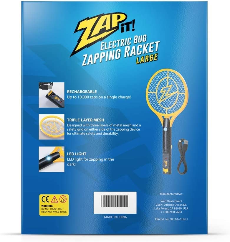 Zap It! Electric Fly Swatter Racket & Mosquito Zapper - High Duty 4,000 Volt Electric Bug Zapper Racket - Fly Killer USB Rechargeable Fly Zapper Indoor Safe - Large