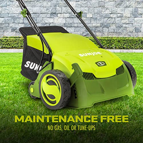 Sun Joe AJ801E 12-Amp 13-Inch Electric Dethatcher and Scarifier w/Removeable 8-Gallon Collection Bag, 5-Position Height Adjustment, Airboost Technology Increases Lawn Health, 13 inch, Green