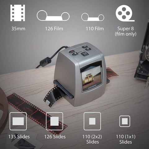 Magnasonic All-in-One High Resolution 24MP Film Scanner, Converts 35mm/126KPK/110/Super 8 Films, Slides, Negatives into Digital Photos, Vibrant 2.4" LCD Screen, Impressive 128MB Built-in Memory