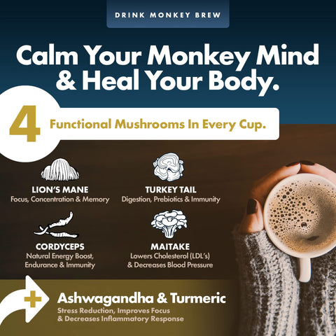 Monkey Brew - Four Mushroom Coffee Alternative Drink - Lion's Mane, Cordyceps, Turkey Tail, Ashwagandha, Turmeric, Cacao & Chicory Powder - Promotes Calmness, Energy, Focus & Gut Health - 30 Servings